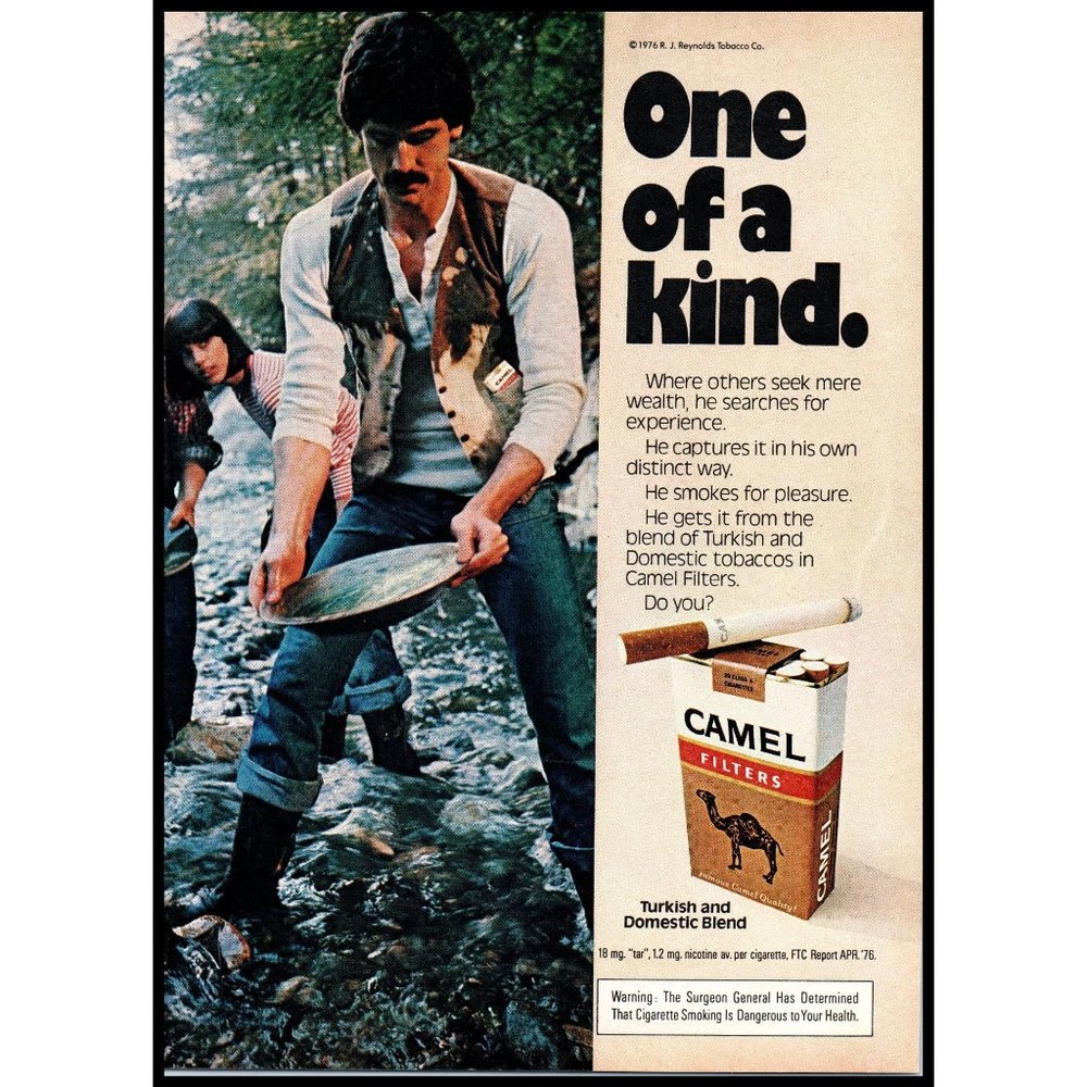 1976 Camel Cigarettes Vintage Print Ad Pan for Gold Mining River Wall Art Photo